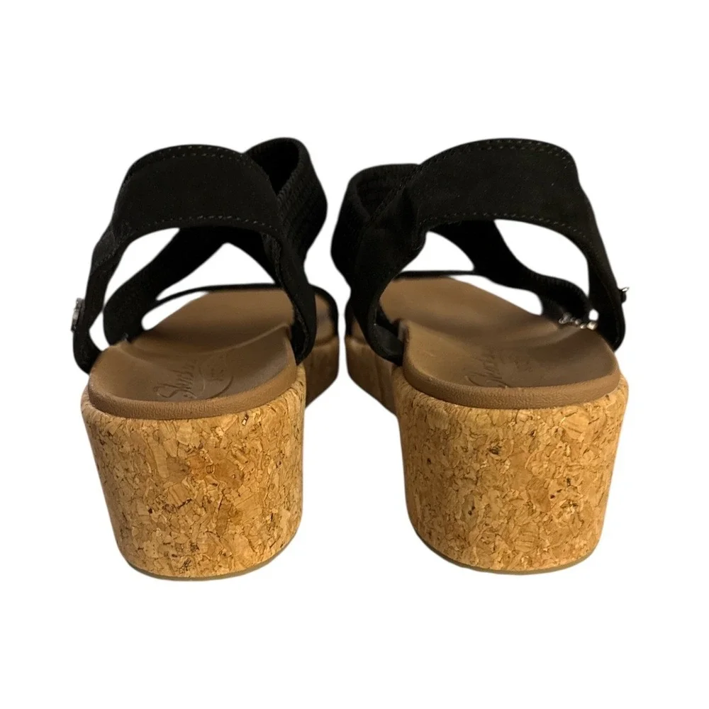 Skechers Black Elastic Strap Cork Wedge Sandals